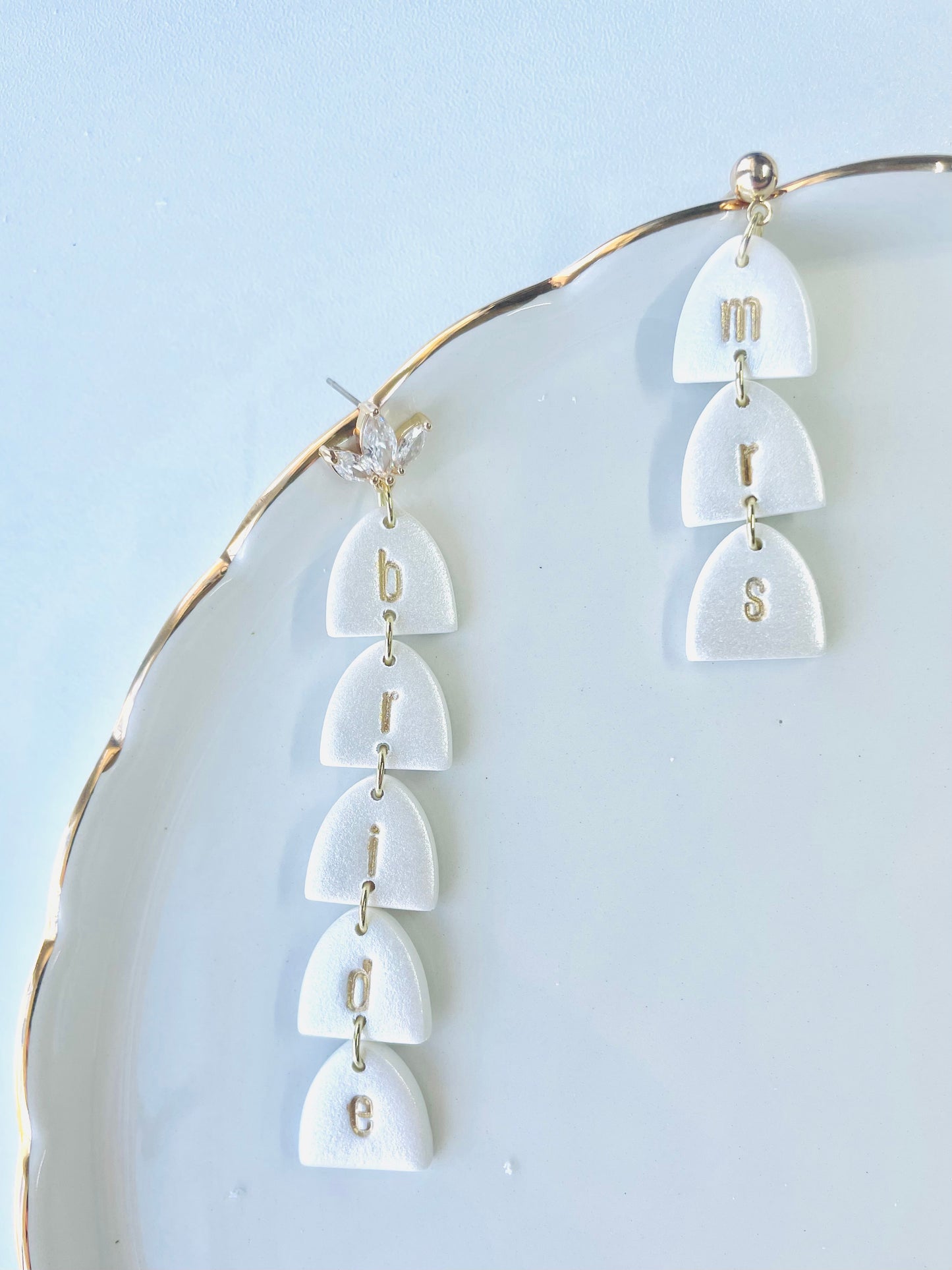 “Bride” & “Mrs” drop earrings